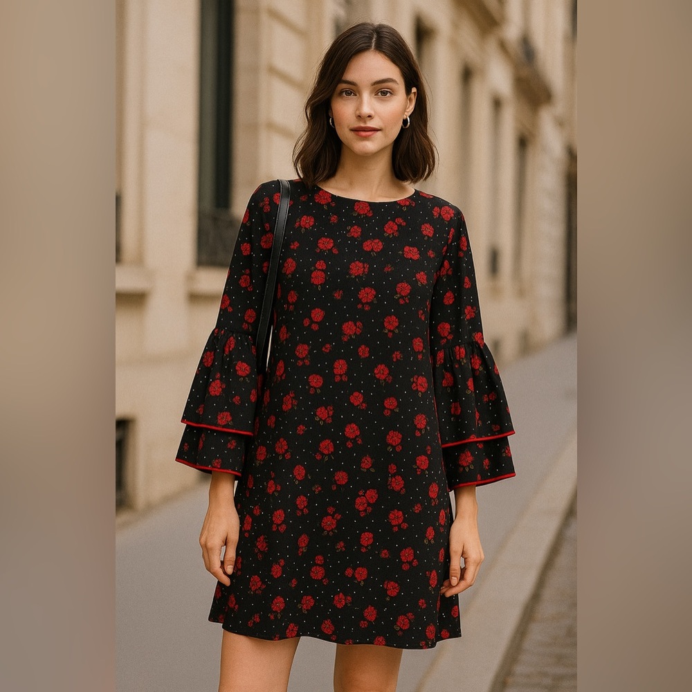 SPENCER + SHAW | Black Shift Dress Red Flower & White Dot Ruffle Sleeves Dress
